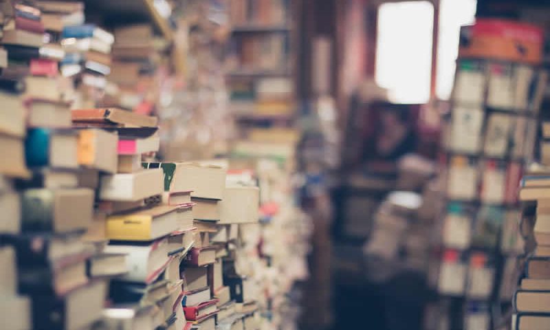 Books piled high