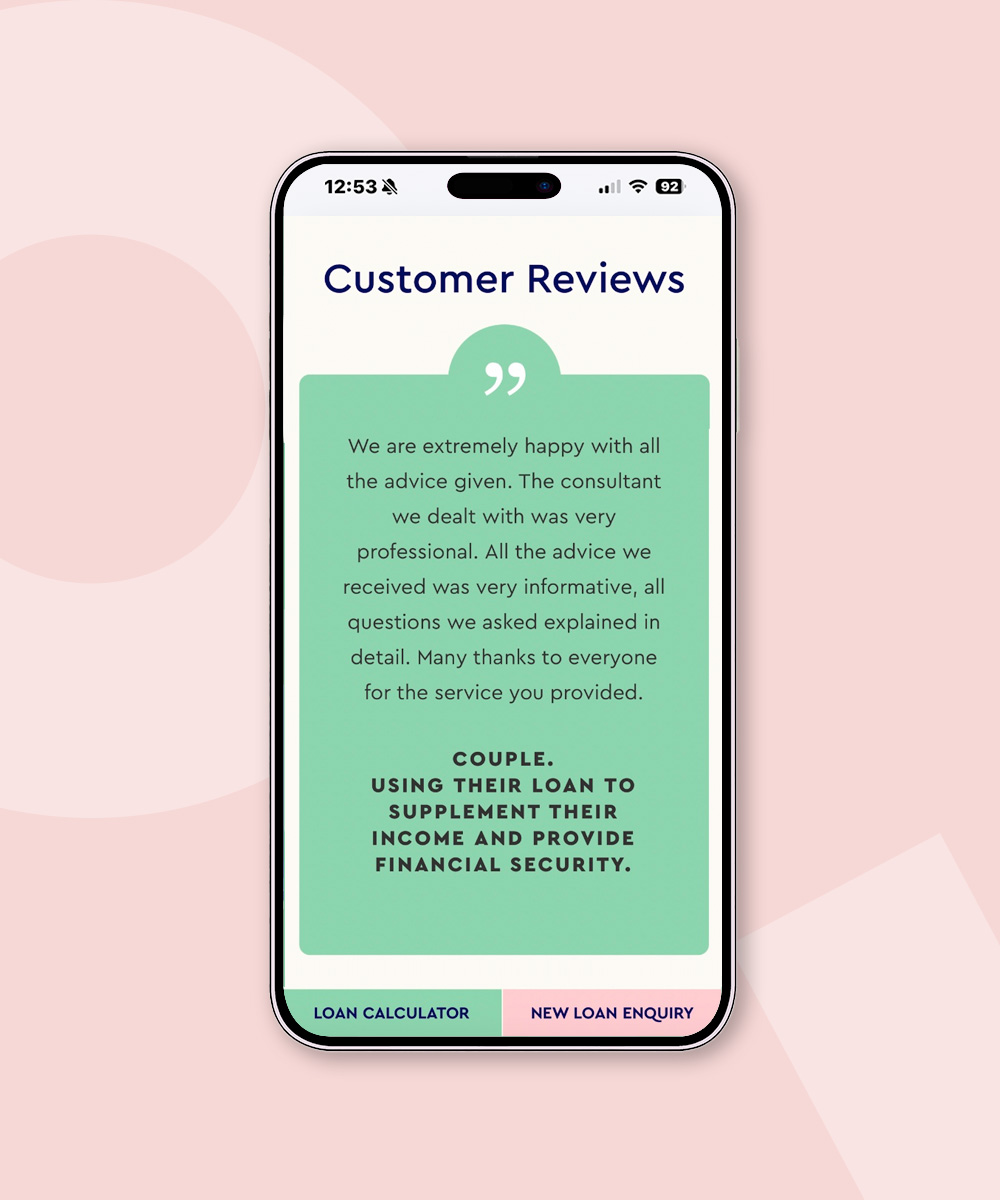 Spry Finance Client Testimonials on mobile - Neworld Website Design & Development
